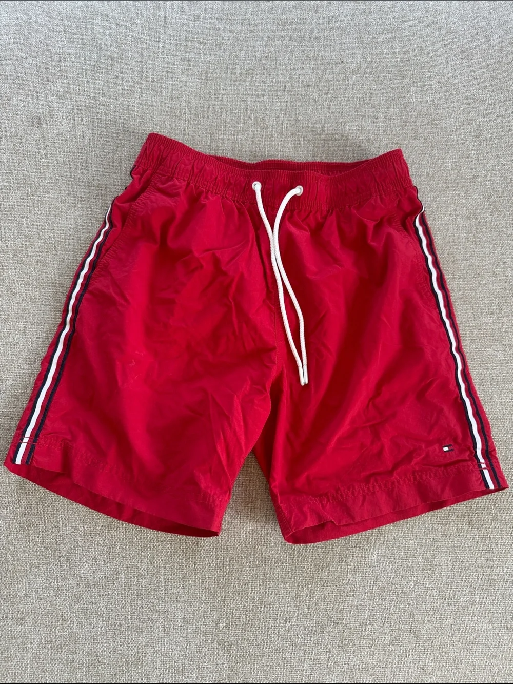 Tommy Hilfiger Red Men’s Swim Trunks with Navy & White Side Stripes